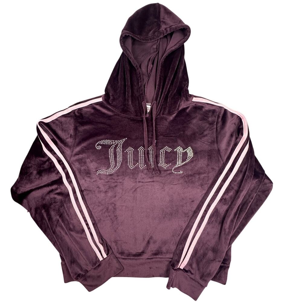 Juicy Couture Velour Rhinestone Logo Pullover Hoodie Plum Y2K